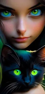 Anime girl with green eyes and black cat wallpaper.