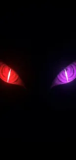 Dark background with glowing red and purple mystical eyes.