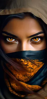 Mesmerizing eyes peeking through a patterned desert veil with rich brown hues.
