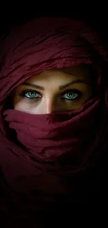 Woman's eyes with maroon veil in dark background.