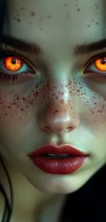 Mystical girl with fiery orange eyes and artistic portrait.