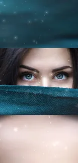 Woman's captivating eyes with teal and dark sparkling theme on a mobile wallpaper.