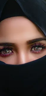 Intriguing eyes with elegant black veil background.