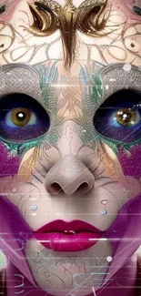 Mystical face art with vibrant colors and surreal design in a mobile wallpaper.