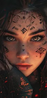 Woman with mystical face art in vibrant, detailed wallpaper.