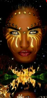 Mystical face with gold accents against night sky wallpaper.