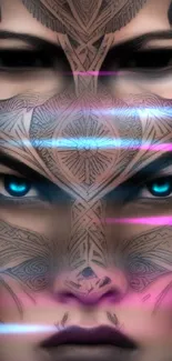 Intricate face tattoo with blue eyes in dark brown tones.