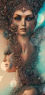 Intricate faces with swirling patterns in teal and brown hues.