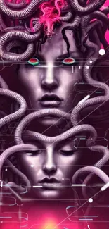 Mystical faces entwined with serpents in purple tones.