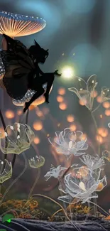 Silhouette of a fairy sitting among glowing flowers and mushrooms.