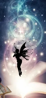 Silhouette of a fairy with magical swirls above an open book.