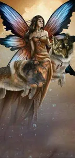 Fairy with wings and wolves in a mystical art wallpaper.