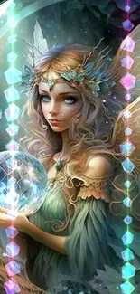 Mystical fairy holding glowing orb in enchanting fantasy scene wallpaper.