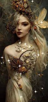 Enigmatic fairy with butterflies in elegant, dark-toned artistic design.