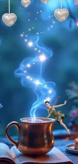 Fairy with sparkles over coffee cup in a cozy setting.