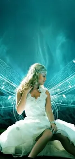 A fairy in a blue-green mystical landscape with glowing wings.