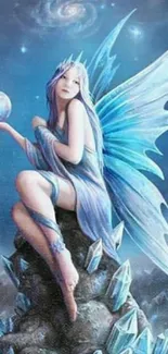 A fairy with blue wings sits on crystals under a cosmic sky.