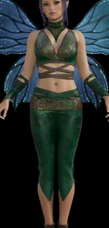 Mystical fairy with green outfit and blue wings on black background.