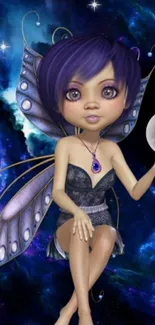 Purple-haired fairy in a galaxy backdrop.