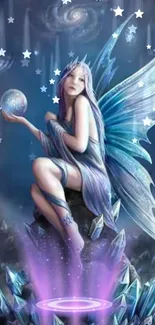 Mystical fairy amidst magical crystals and stars.