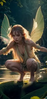 A fairy in an enchanted forest with luminous wings and green surroundings.