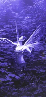 Fairy in a purple-lit forest creating a mystical atmosphere.