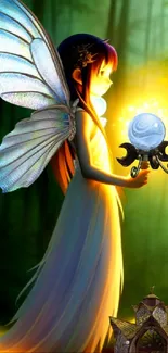 Enchanted fairy holds glowing orb in a mystical forest.