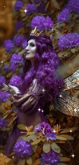 Mystical fairy with wings in a purple floral setting.