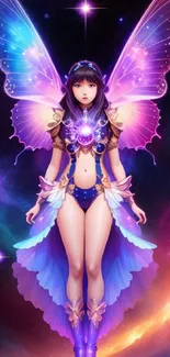 Mystical fairy with wings in a vibrant galaxy setting.