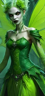 Mystical fairy with green wings in a magical forest.