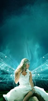 Mystical fairy with glowing wings in a teal night sky wallpaper.