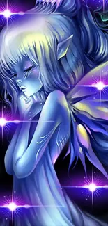 Mystical blue fairy with purple glow mobile wallpaper.