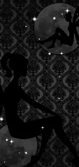 Silhouette of fairy sitting on a moon with patterned backdrop.