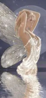 Enchanting fairy with wings under a moonlit sky, reflecting on a serene lake.