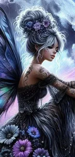 Enchanting fairy under a glowing moonlit sky with colorful floral elements.