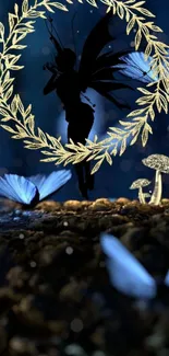 Mystical fairy with butterflies and mushrooms in a dark, enchanted forest scene.