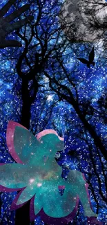 Fantasy forest with fairy and stars under a blue night sky.