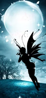 Mystical fairy flying in moonlit night.