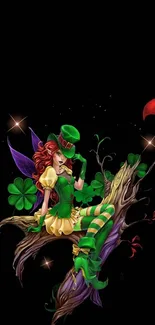 Whimsical fairy in green on a branch against a starry night backdrop.