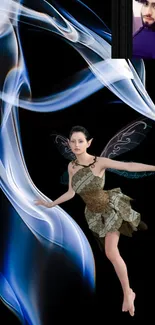 Mystical fairy with wings on abstract dark background.