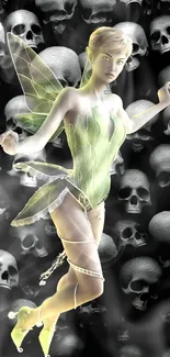 Mystical fairy in green amidst a skull backdrop in a mobile wallpaper design.