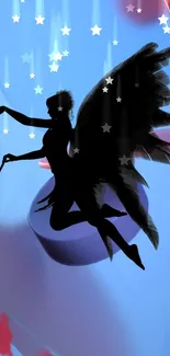 Silhouette of a fairy with stars on a blue background.