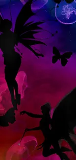 Silhouette of fairies with cosmic background in vibrant colors.