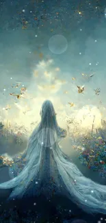 Ethereal scene with mystical fairy in glowing forest.