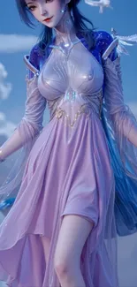 Mystical anime character in lavender attire with dreamy background.