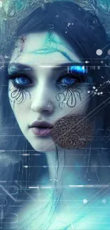 Mystical fantasy art wallpaper featuring a woman with glowing blue eyes.