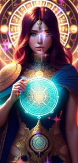 Fantasy art of a mystical woman with a glowing circle design.