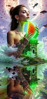 A mystical woman in a surreal fantasy scene with vibrant colors.