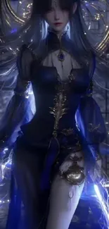 Mystical fantasy character in deep blue attire.