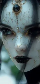 Mystical fantasy art wallpaper with intricate face design and captivating gaze.